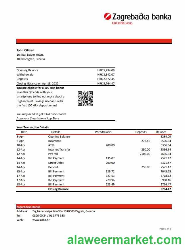 Croatia Zagrebačka Bank statement xls